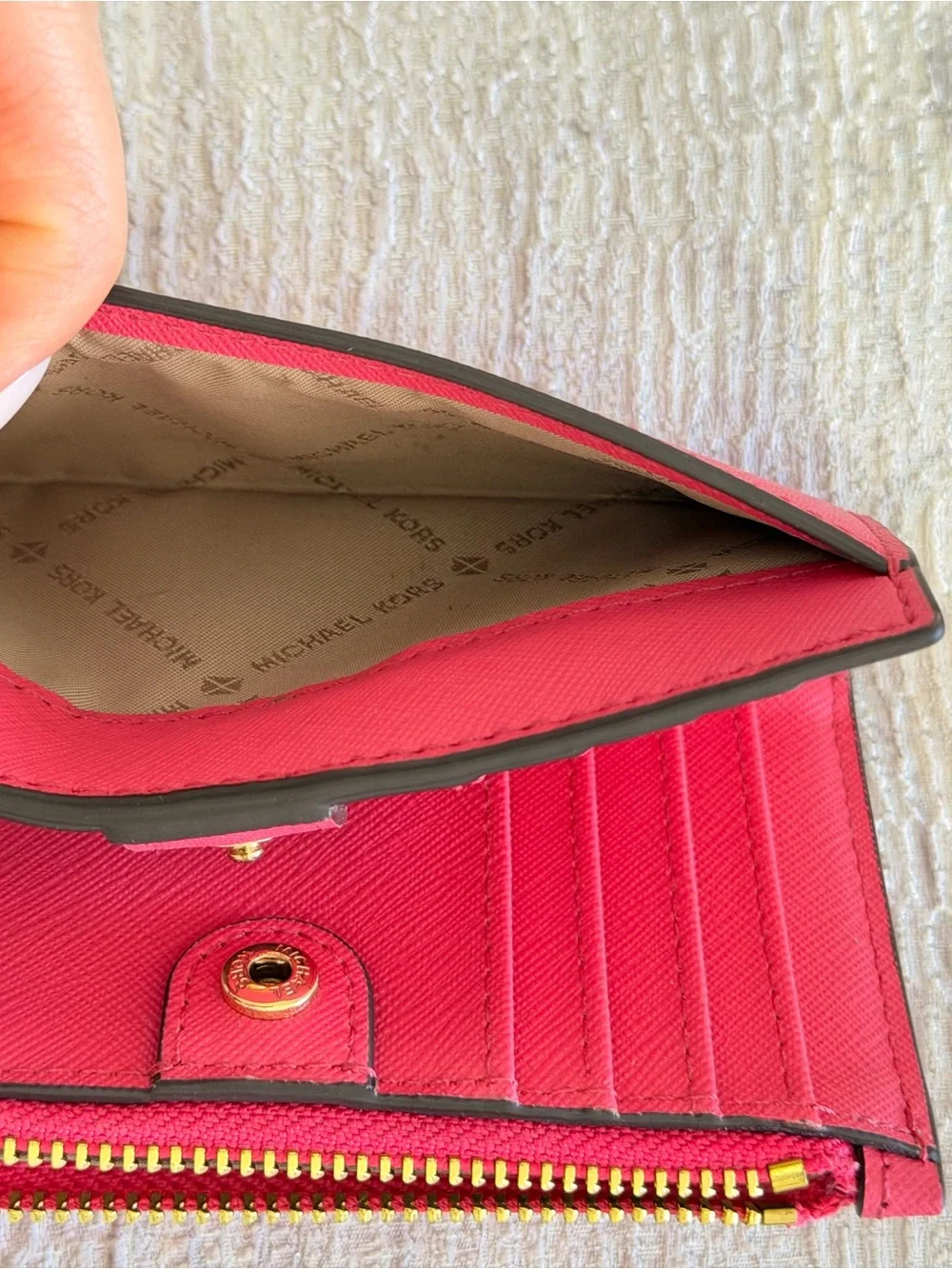MICHAEL KORS Bright Pink Saffiano Zip Wallet with Gold Hardware